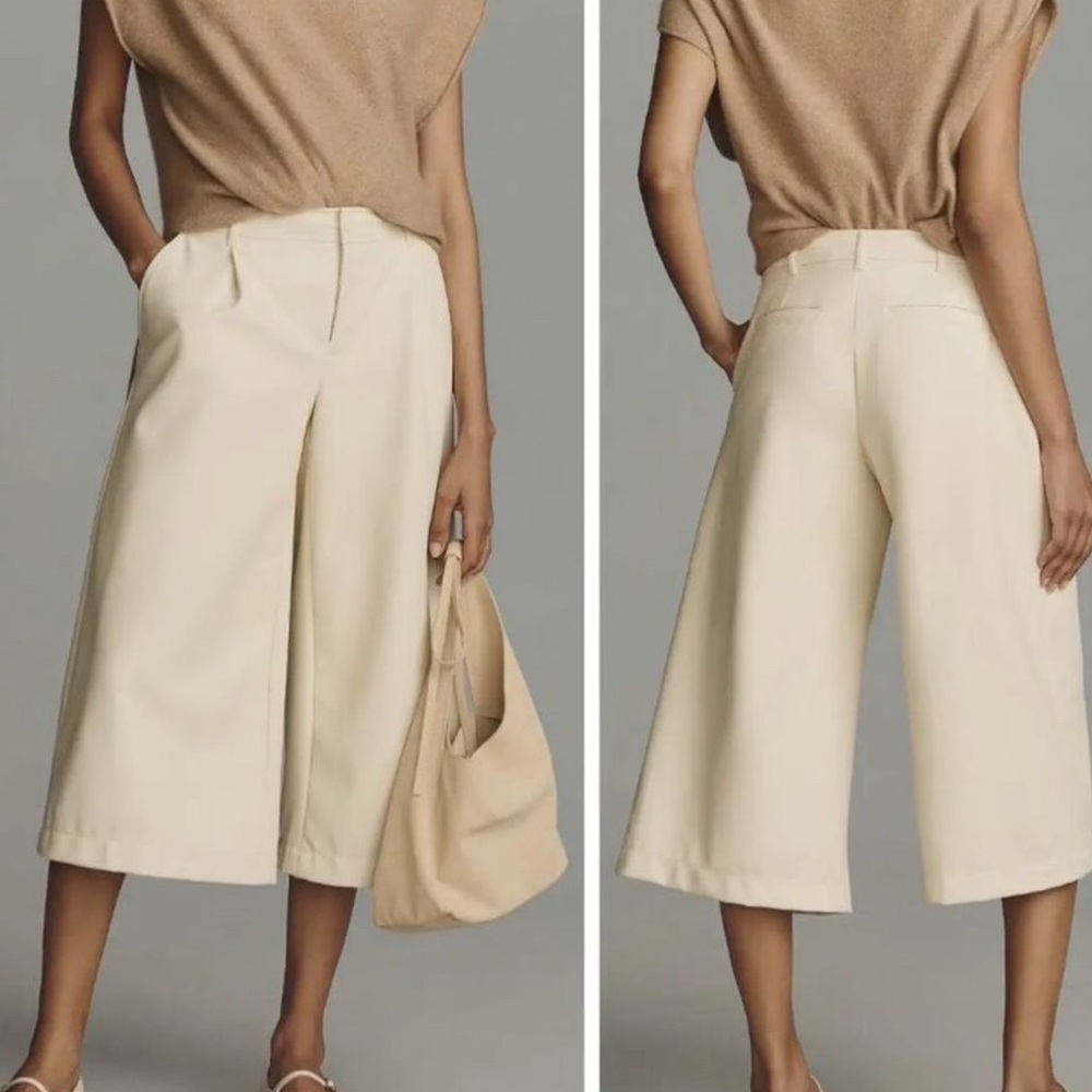Anthropologie Wide Leg Crop Faux Leather Pants Cream